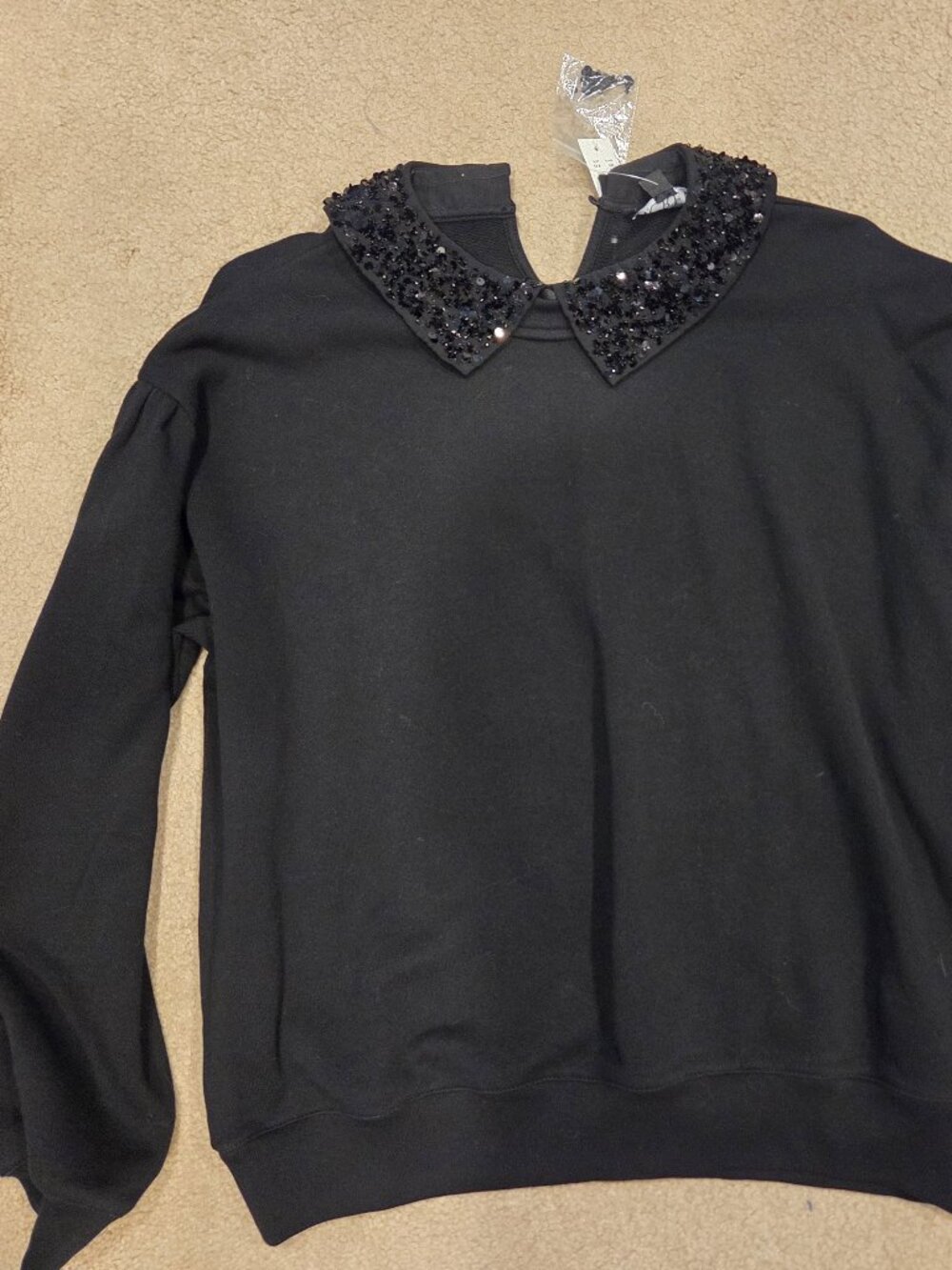 J Crew NWT Black Beaded Peter Pan Collar Sweater Sweatshirt M